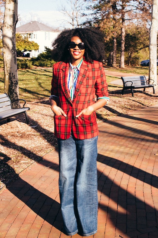 thrifted-red-plaid-blazer-thrifted-white-rainbow-striped-button-up-shirt-hm-blue-wide-legged-jean-pants-3