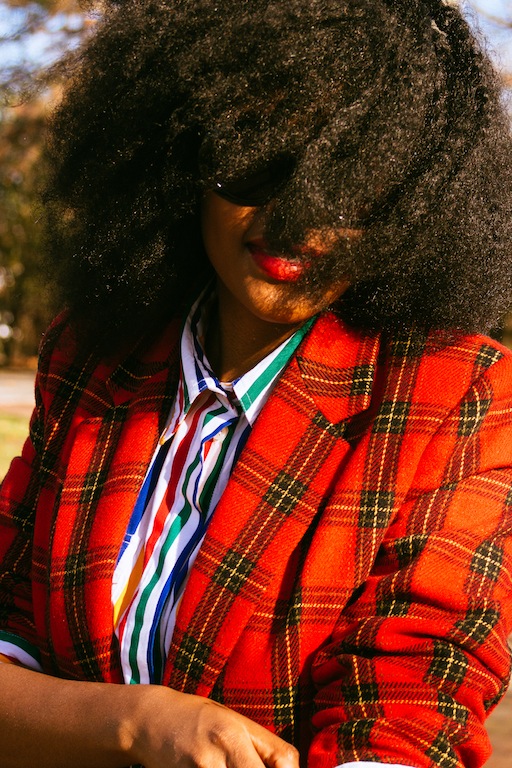 thrifted-red-plaid-blazer-thrifted-white-rainbow-striped-button-up-shirt-hm-blue-wide-legged-jean-pants-4