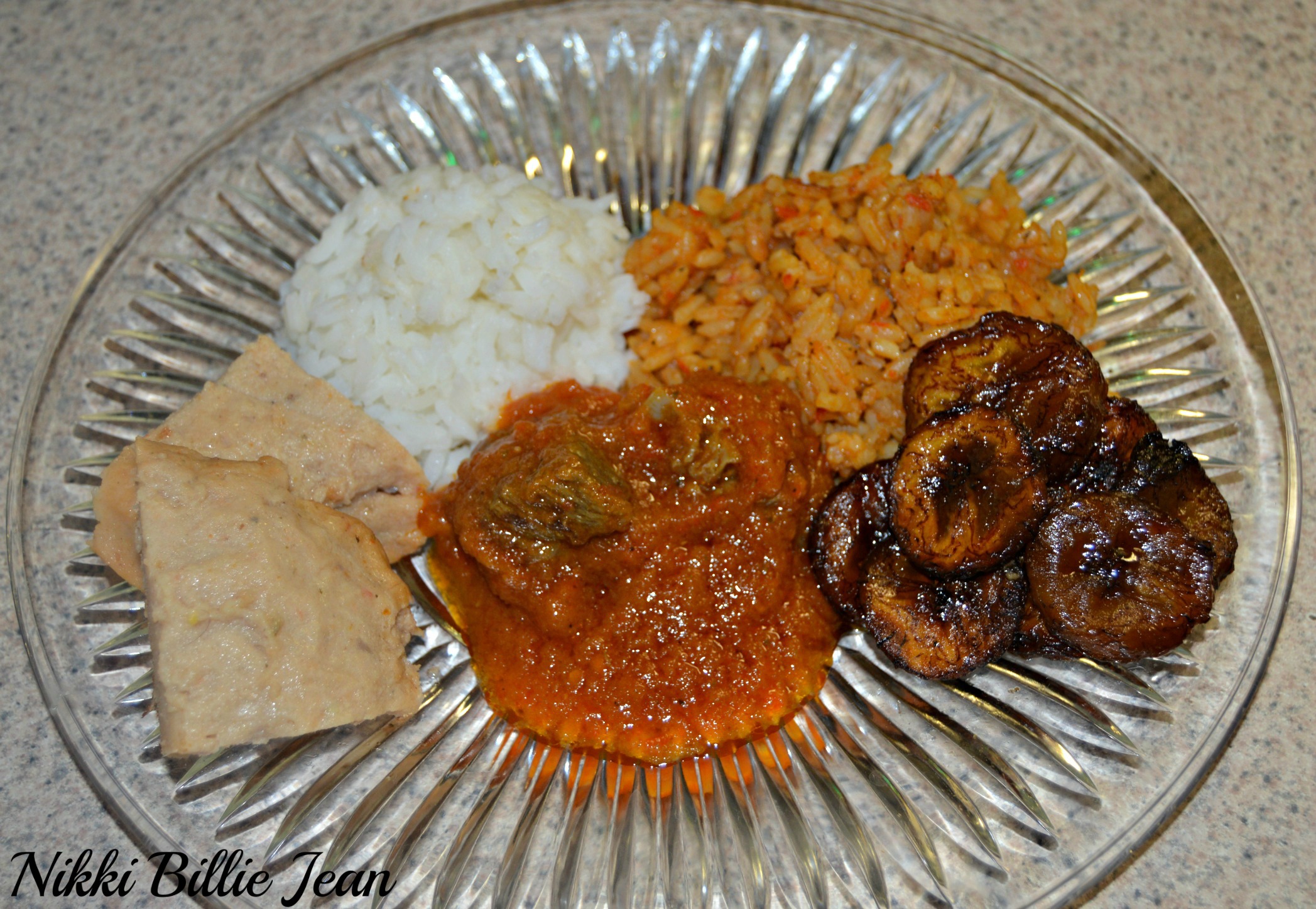 Homemade Organic Jollof Rice, Rice and Stew, Moin Moin & Fried Platain (1)